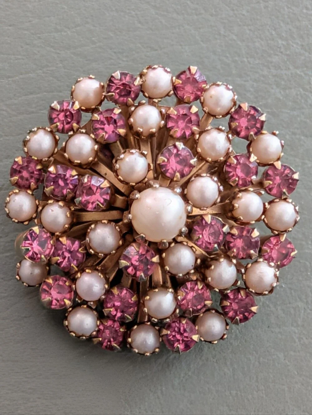 Vintage Domed Floral Starburst Faux Pearl And Pink Rhinestone Brooch